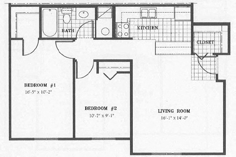 Floor plan for 2 beds, 1 bath, 823 sqft